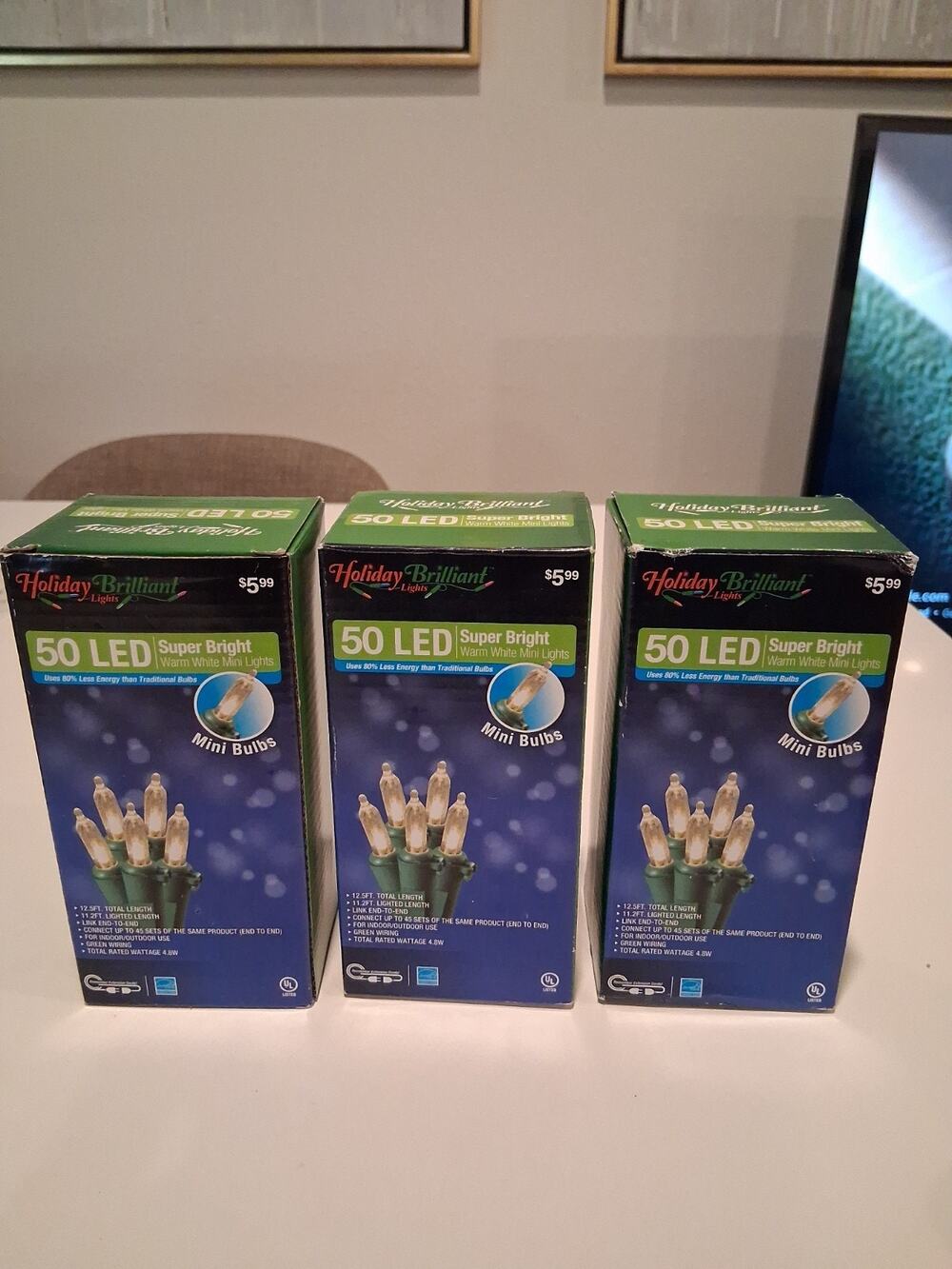 Lot of 3 Holiday Brilliant 50 LED Warm White Mini Christmas Lights Green Wire